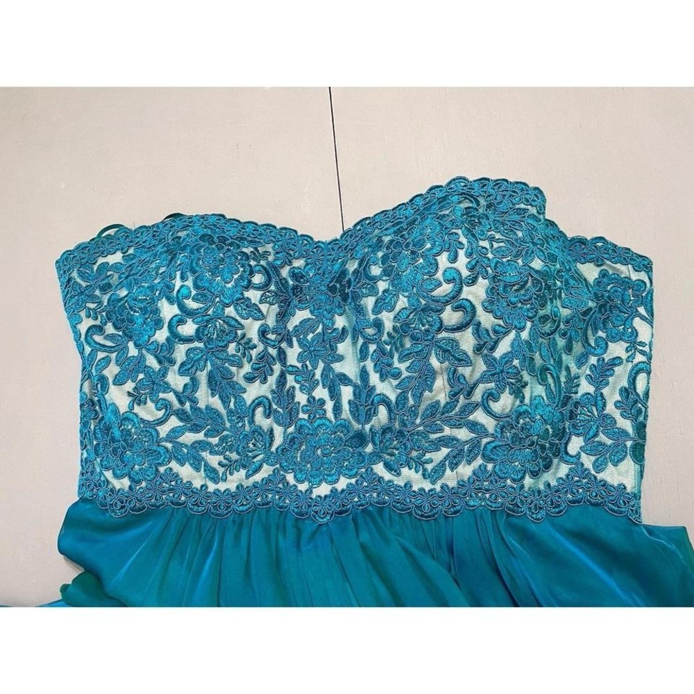 Prom Dress Strapless Teal Sweetheart Formal Medium Chiffon FLAW - Picture 8 of 8